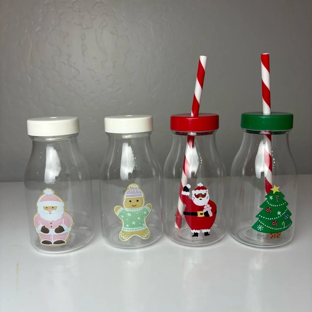 Wondershop and At Home set of 4 christmas holiday kids plastic milk bottles